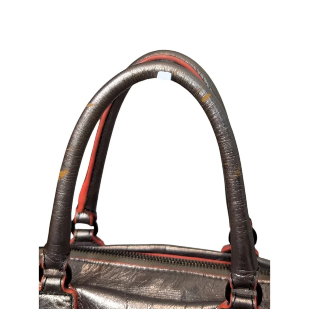 Liebeskind Berlin Metallic Bronze Leather Satchel Bag Neon Orange Trim Crossbody